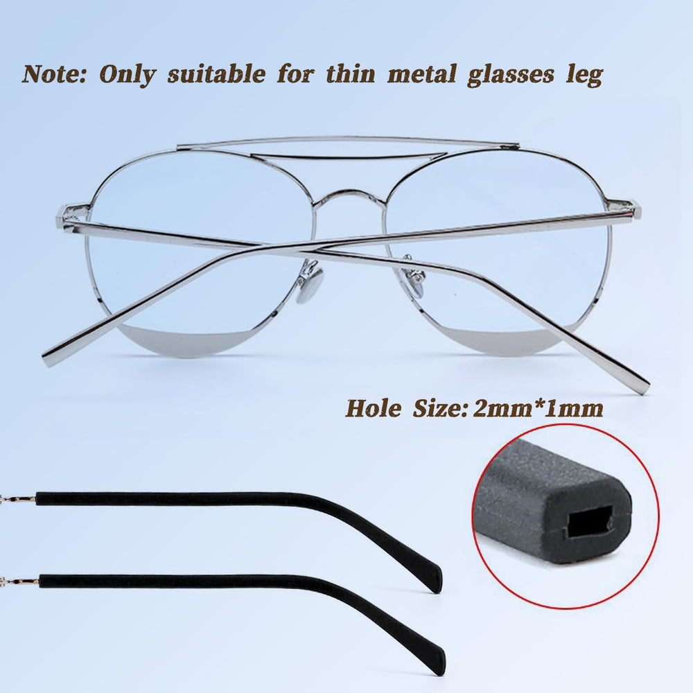 Two pairs of replacement eyeglass end tips included