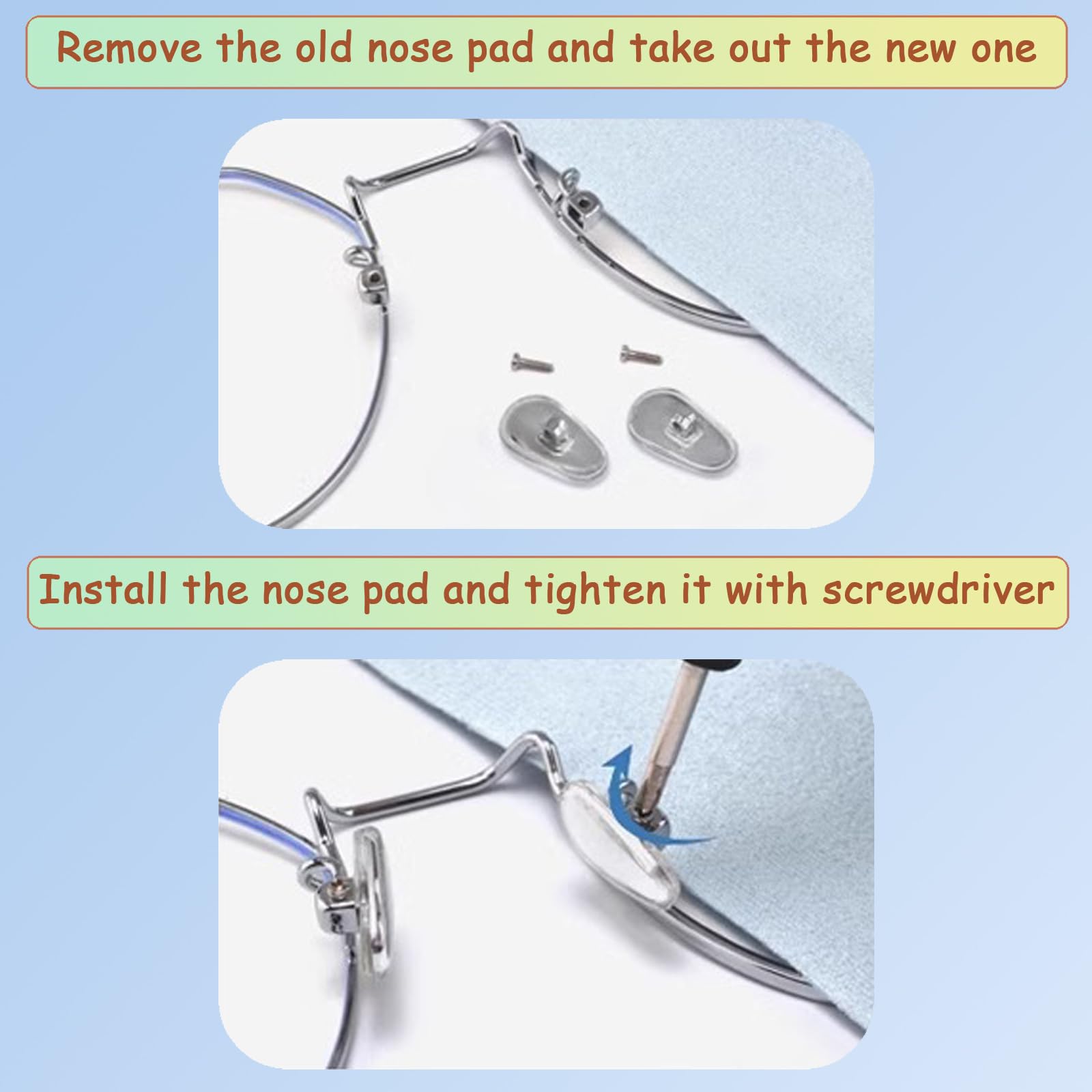 Package includes 5 pairs nose pads, screws, and screwdriver in grey
