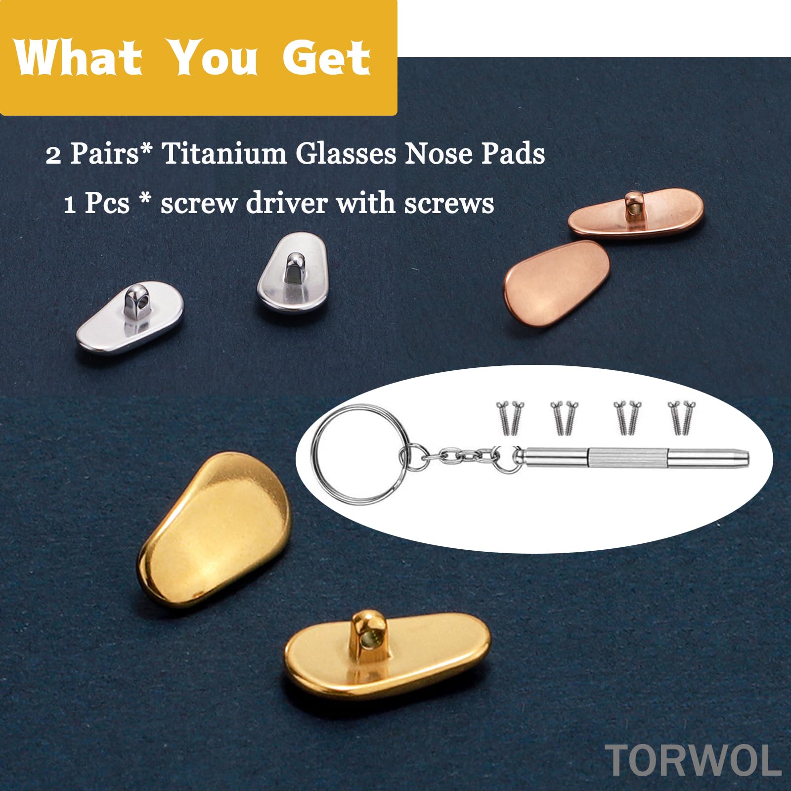 Packaging includes 2 pairs nose pads, screws and screwdriver