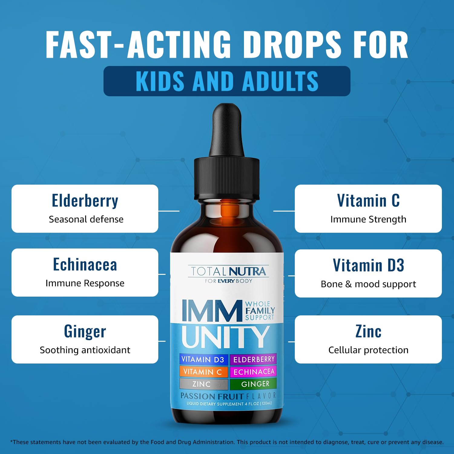 Dropper bottle of Total Immune 6-in-1 liquid multivitamin with passion fruit