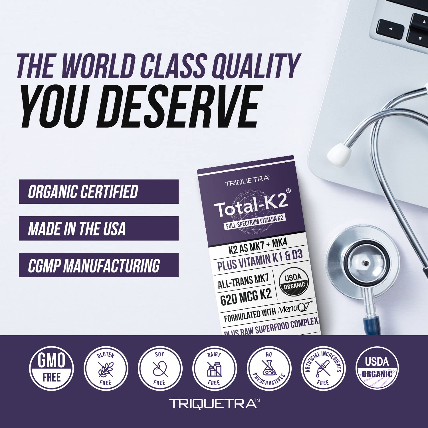 Front label emphasizing 620 mcg K2 per serving