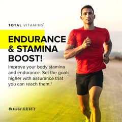 TOTAL VITAMINS Testosterone Booster label-detail showcases natural ingredients for energy and endurance.