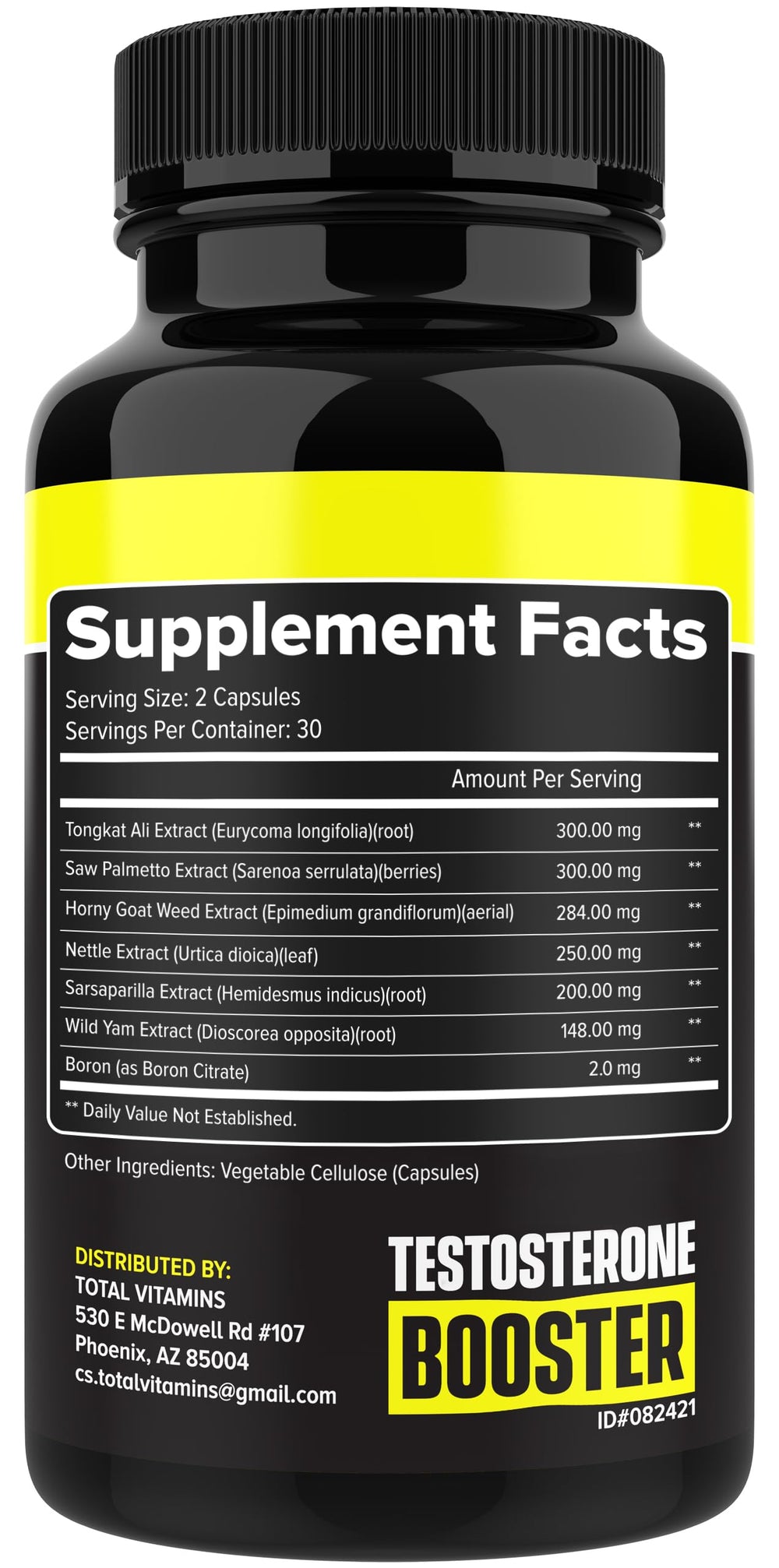 TOTAL VITAMINS Testosterone Booster pill-dispense detail highlights convenient dosing.