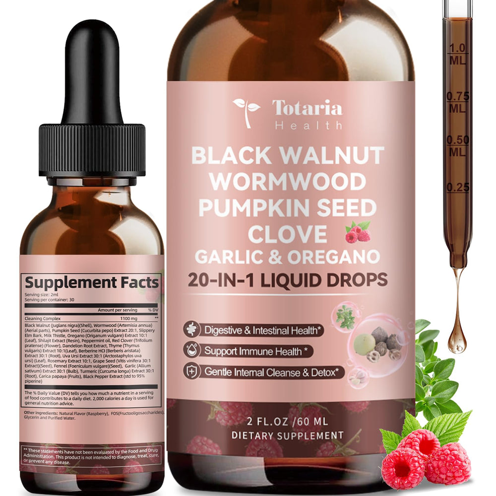 Totaria 20-in-1 Black Walnut Wormwood Tincture bottle with Raspberry flavor label