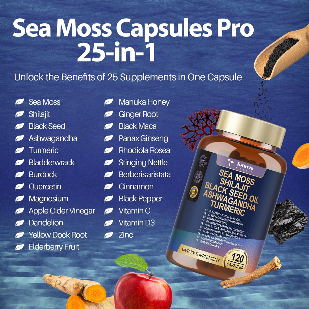 Close-up of Totaria Sea Moss Capsule product with Black Seed Oil and Ashwagandha