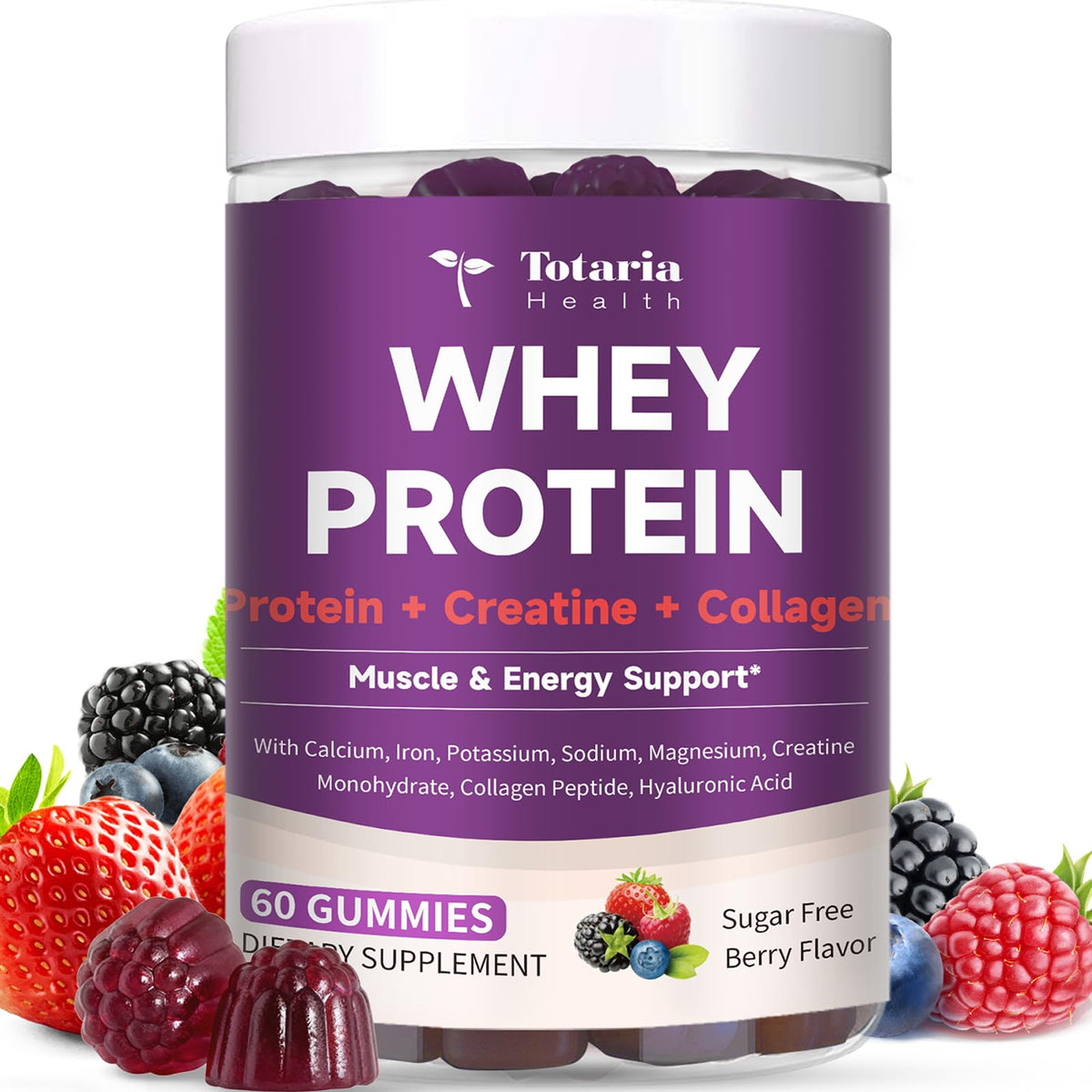 Totaria 3in1 whey protein gummies berry bottle for convenient post-workout recovery.