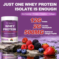 Totaria 3in1 whey protein gummies berry closeup highlights flavor-forward fitness fueling.