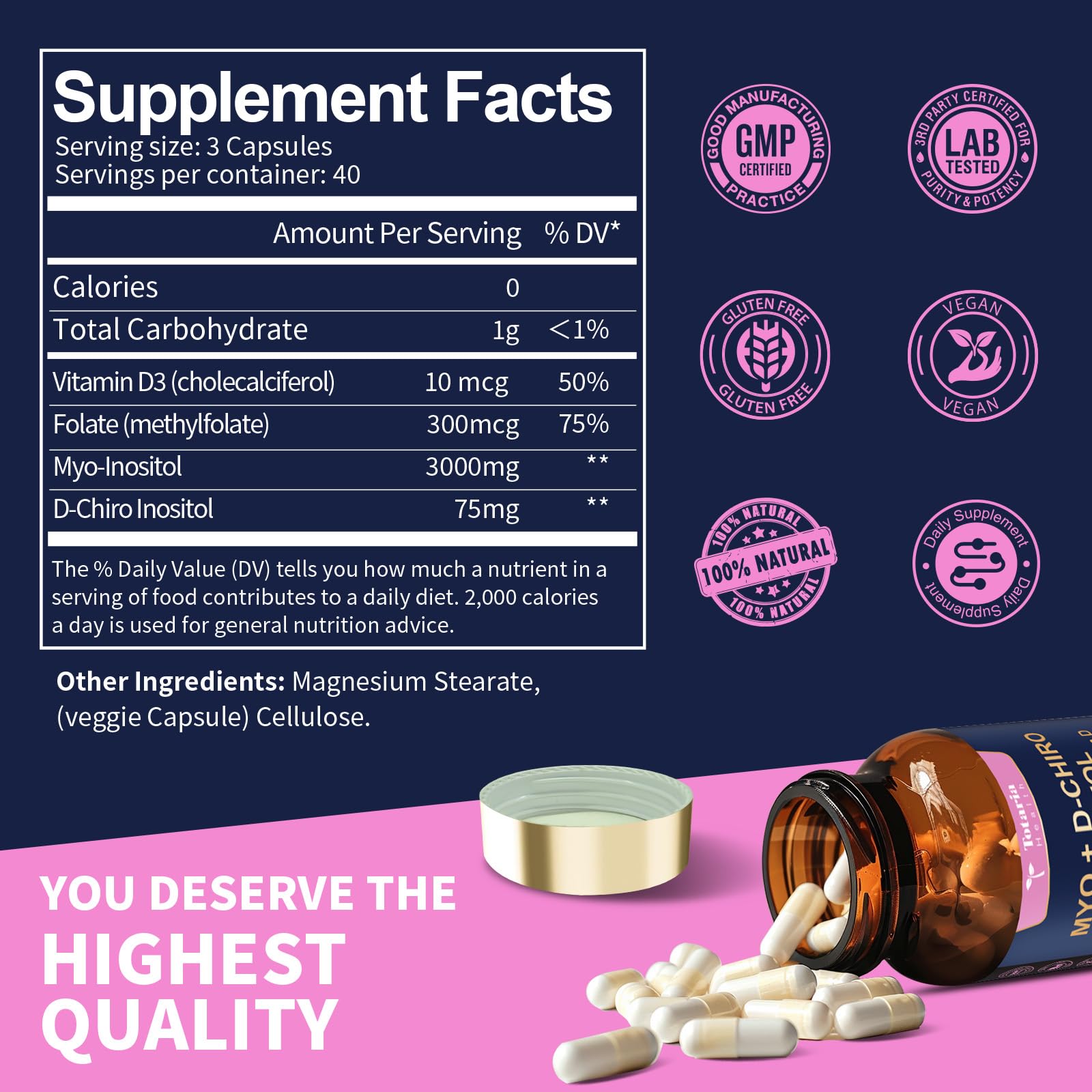 Totaria capsules in palm illustrating serving size and convenient daily use for women