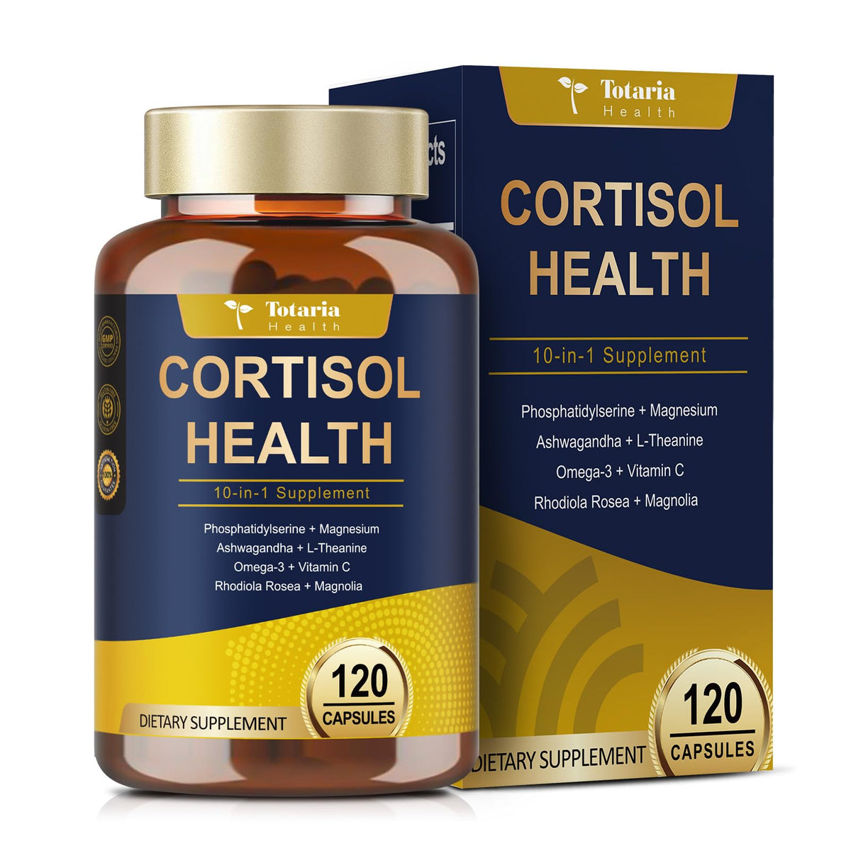 Bottle of Totaria cortisol supplement with Ashwagandha, Magnesium, Rhodiola and L-Theanine.
