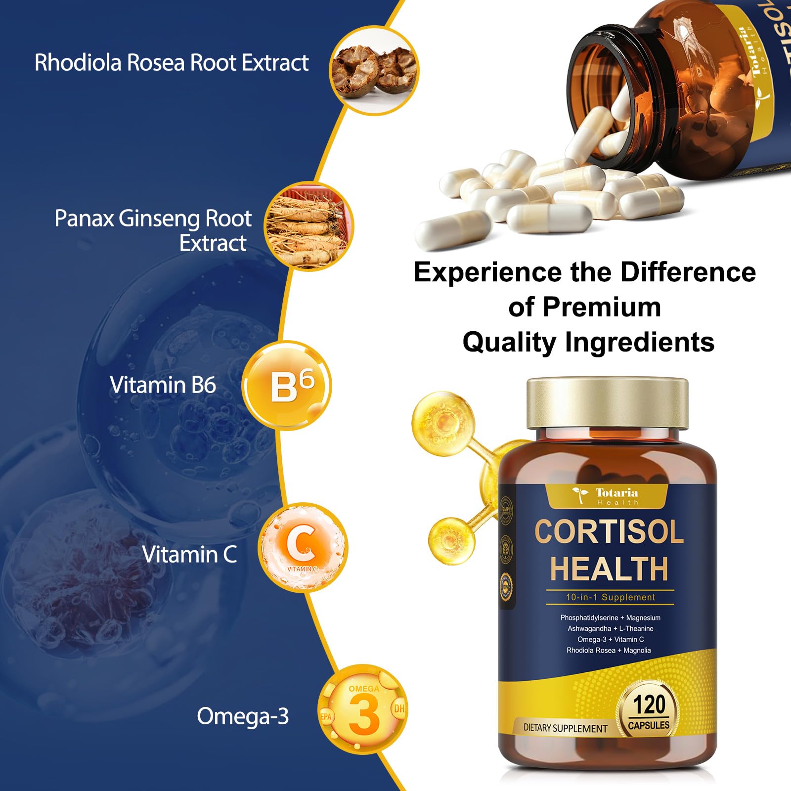 Close-up of Totaria cortisol supplement ingredients.