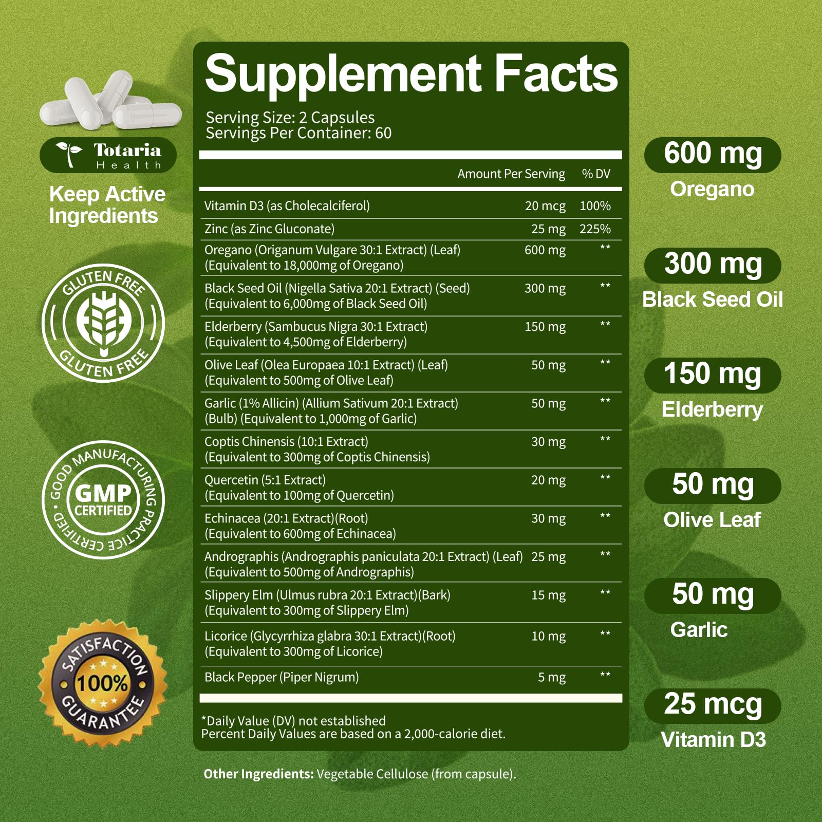 Totaria immune-support ingredients and vegan, non-GMO certification imagery