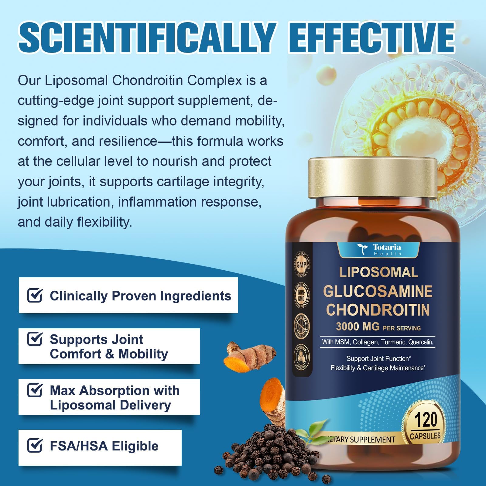 Ingredient panel featuring glucosamine, chondroitin, MSM and collagen