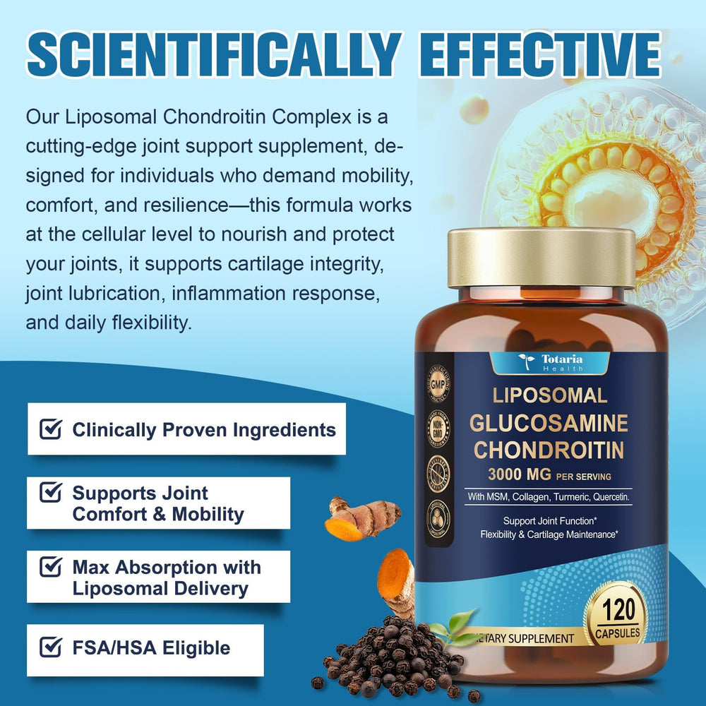 Ingredient panel featuring glucosamine, chondroitin, MSM and collagen