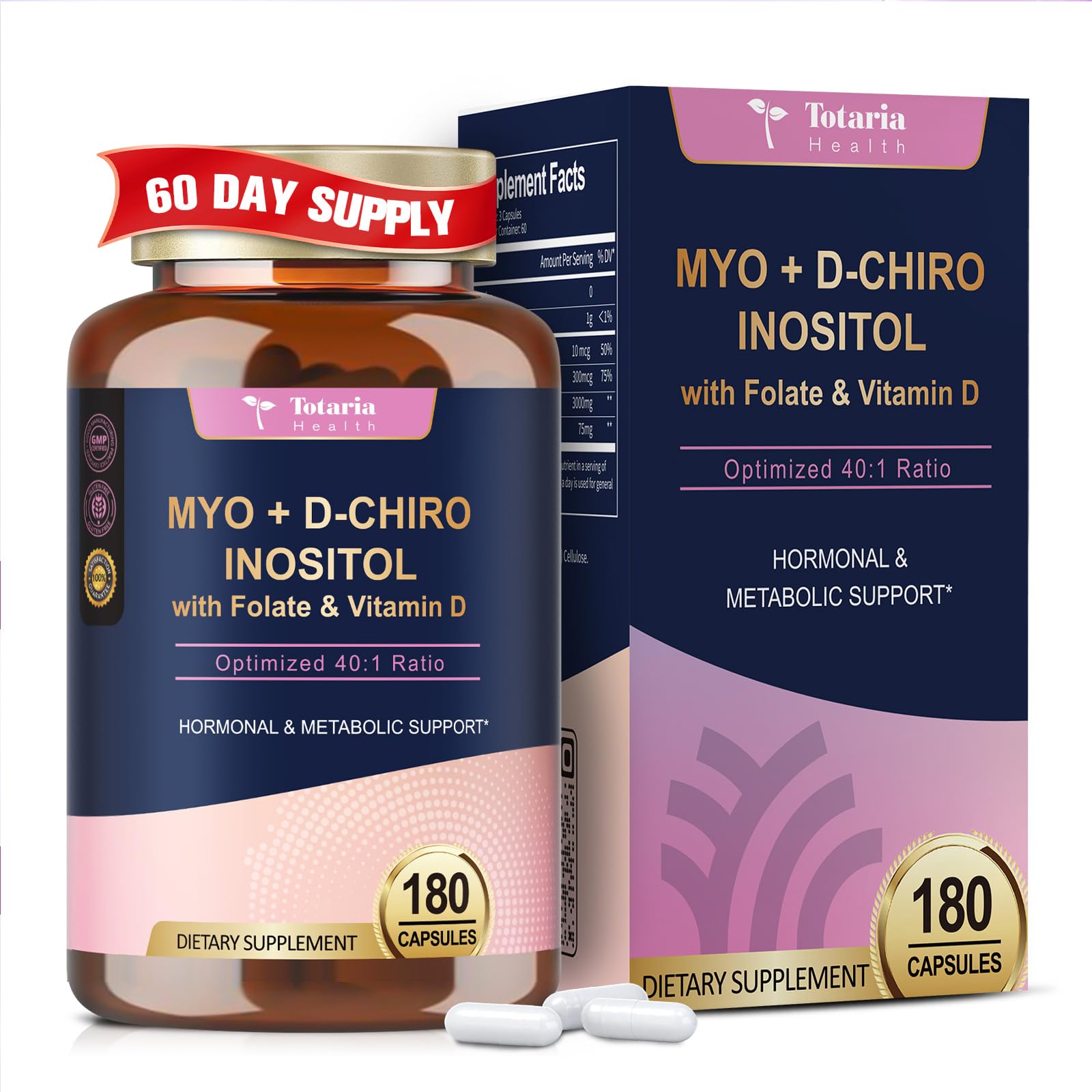 Totaria Inositol supplement bottle for women with vitamin D3 and folate
