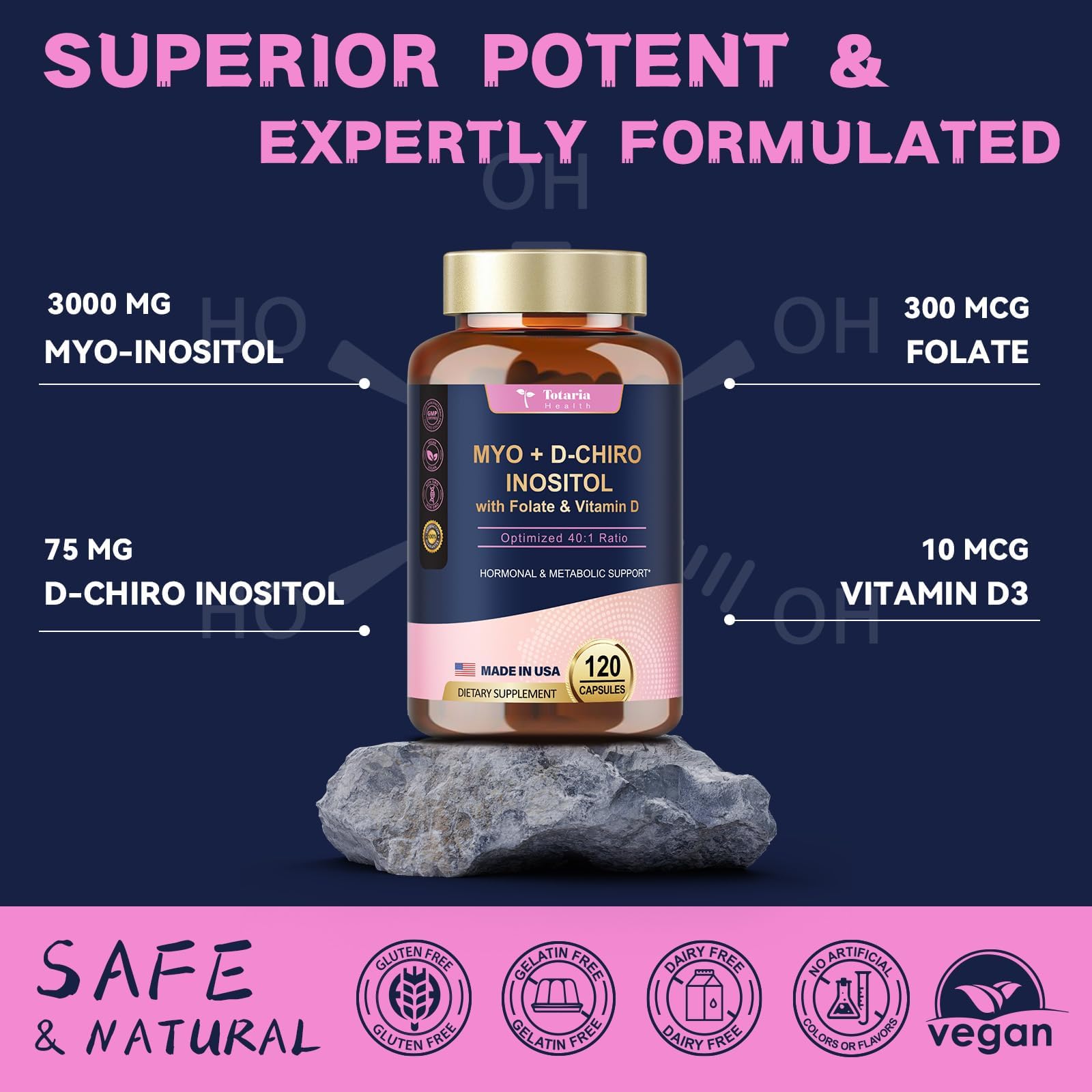 Totaria label nutrition panel showing ingredients like myo‑inositol, d‑chiro, vitamin D3, folate