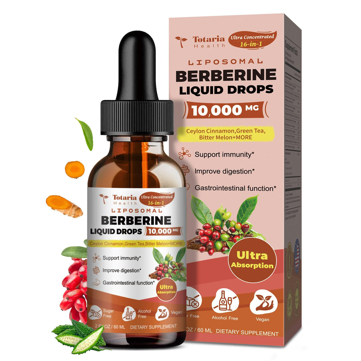 Bottle of Totaria Liposomal Berberine Drops with label