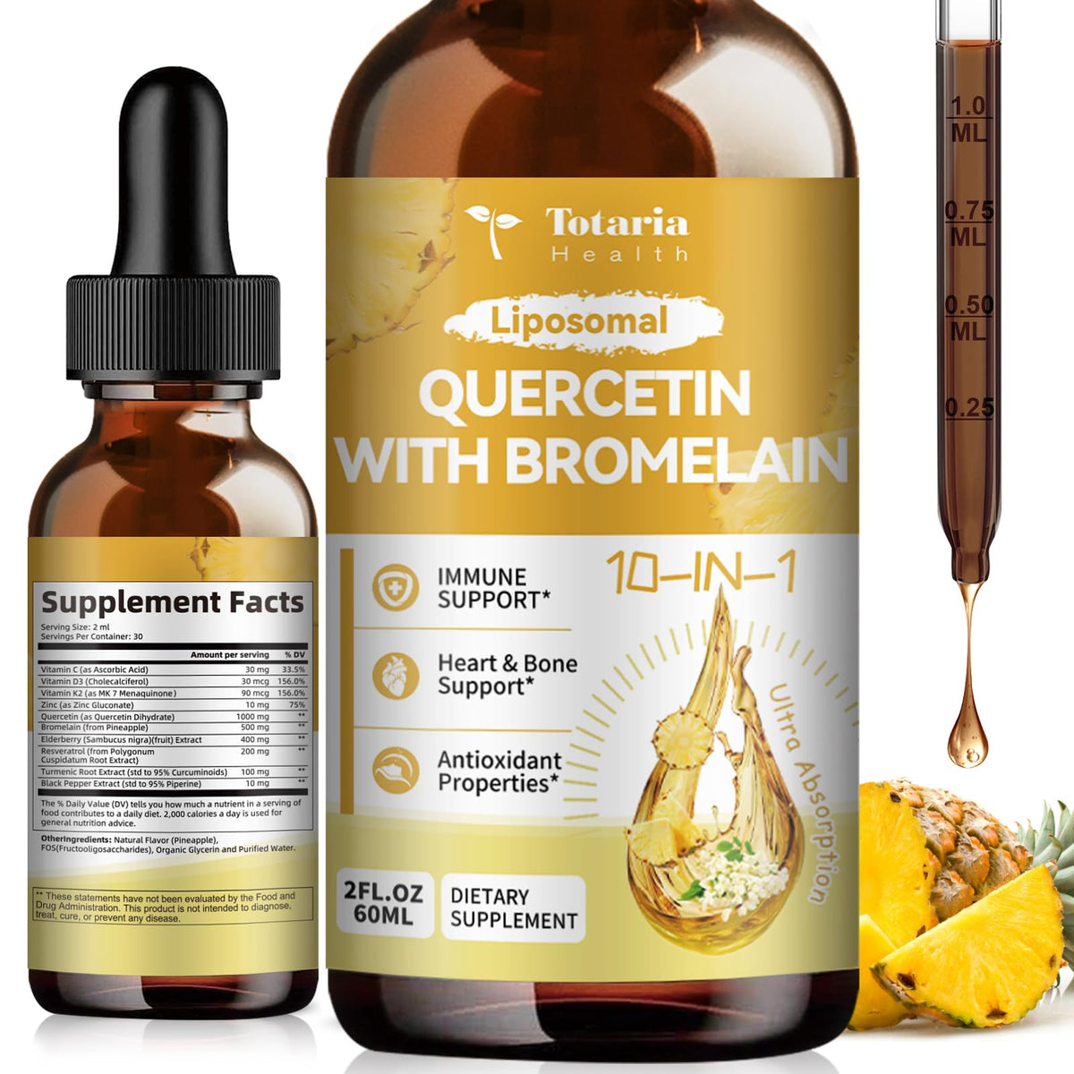 Totaria liposomal quercetin with bromelain liquid drops bottle
