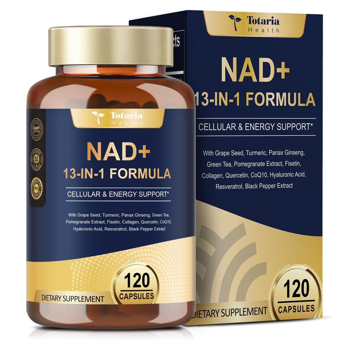 Totaria NAD supplement bottle with 120 vegan capsules