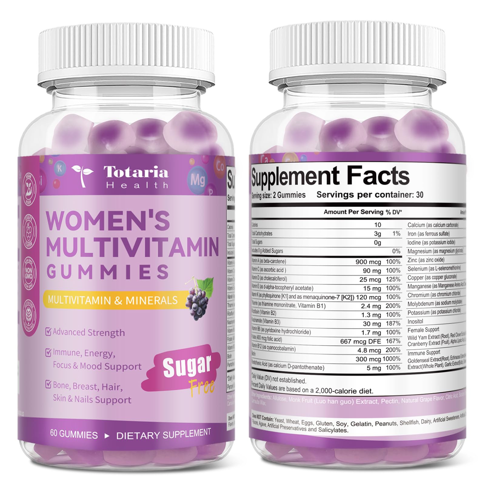Totaria nutrient chart graphic summarizing vitamins, minerals and botanicals