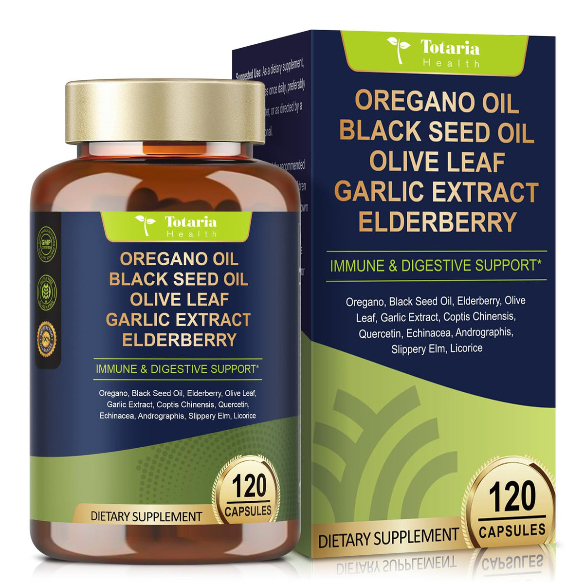 Bottle of Totaria Oil of Oregano and Black Seed Oil capsules