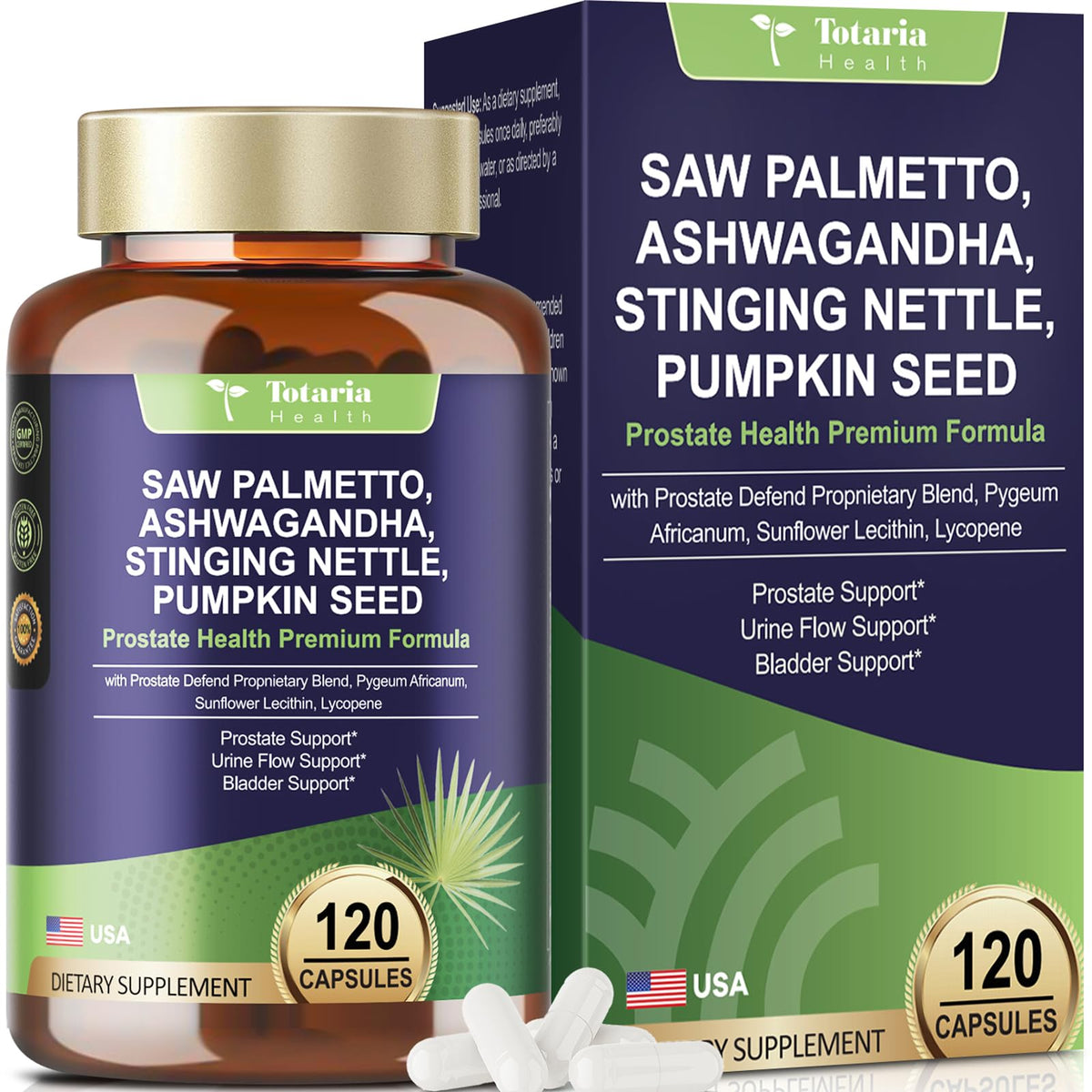 Totaria Organic Saw Palmetto 120-count bottle on white background