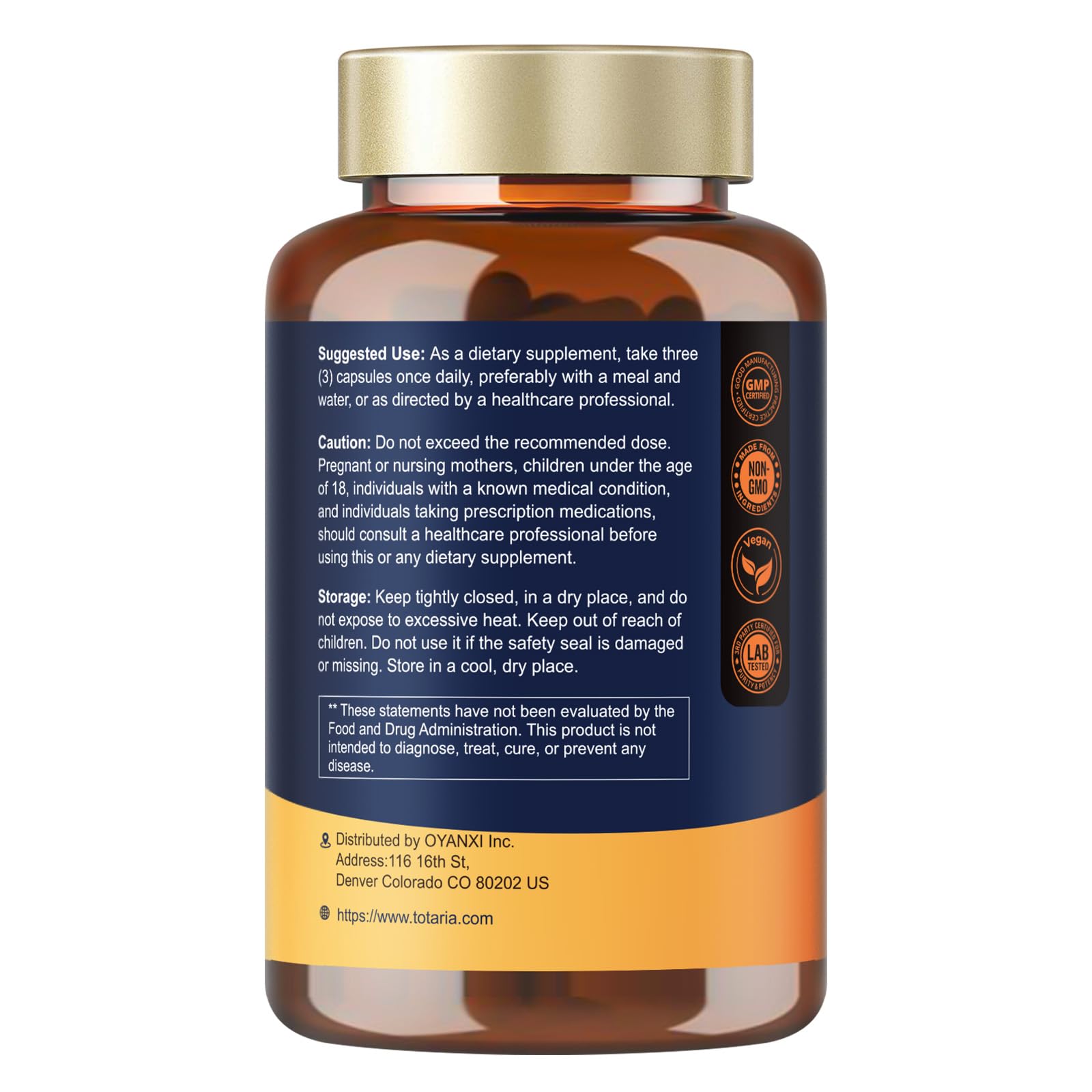 Icons showing Non-GMO, gluten-free, and vegan certifications for Totaria R-ALA 600mg