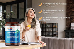 Close-up of key immune-support ingredients: Vitamin C, Vitamin D3, Zinc, elderberry, quercetin, echinacea