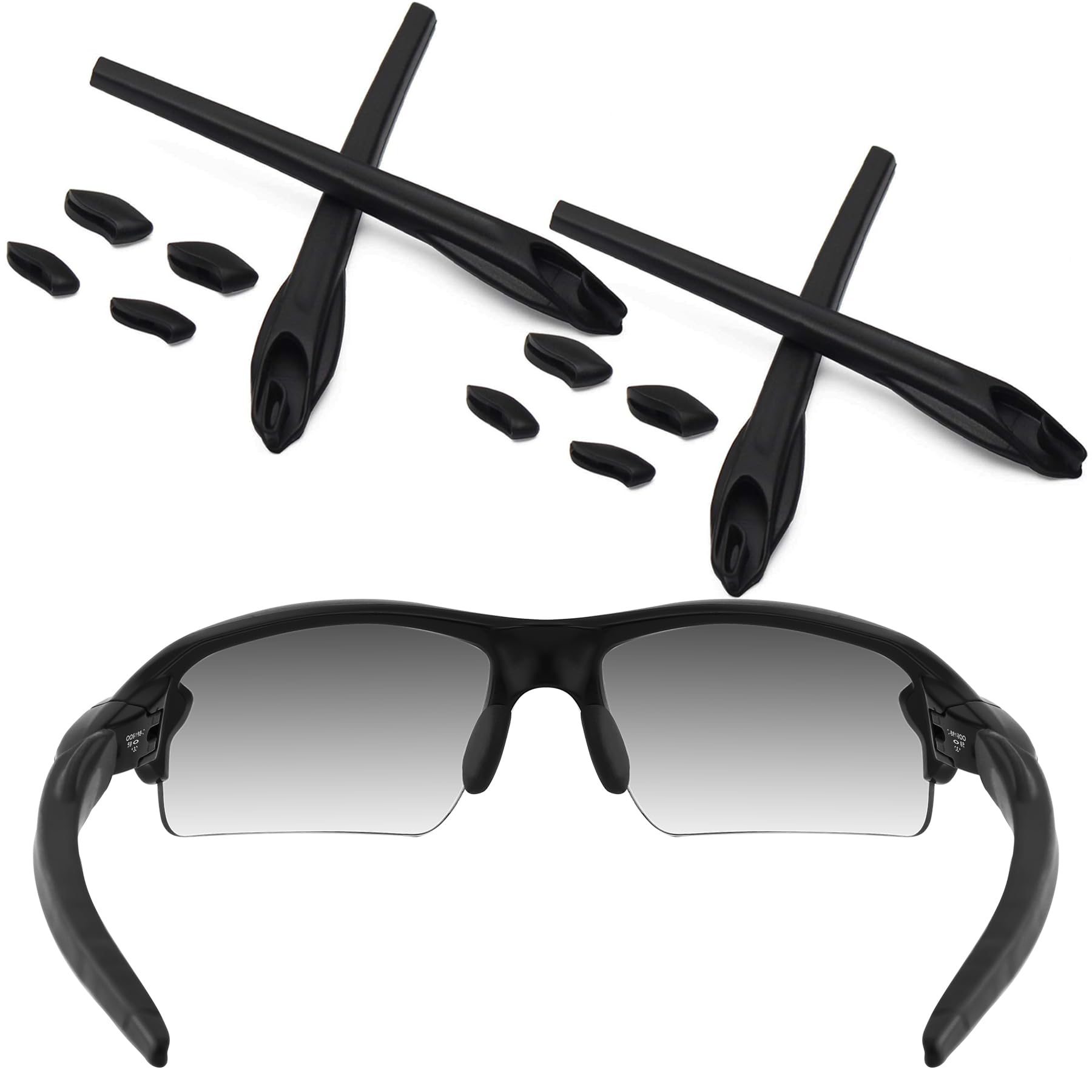 Front view of ToughAsNails replacement rubber kit for Oakley Flak 2.0 XL – Black & Black earsocks and nose pads