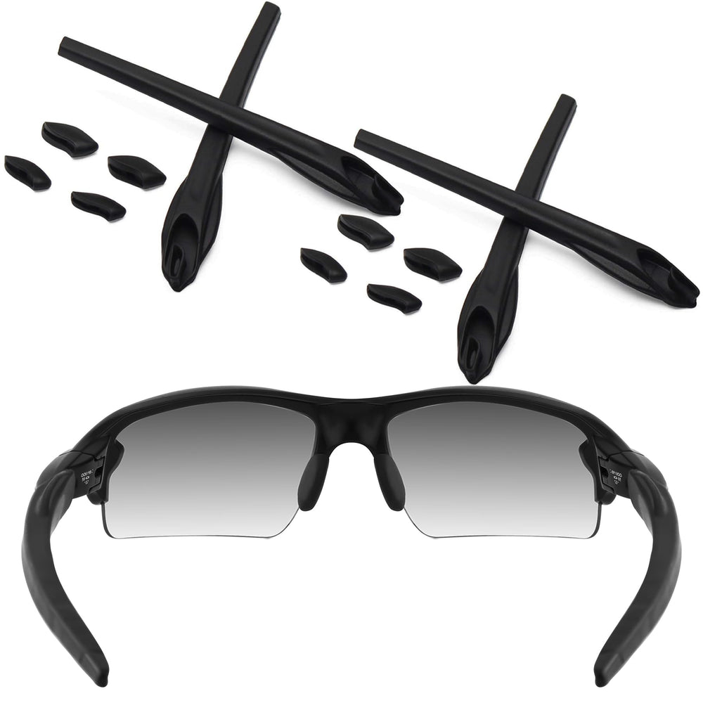 Front view of ToughAsNails replacement rubber kit for Oakley Flak 2.0 XL – Black & Black earsocks and nose pads
