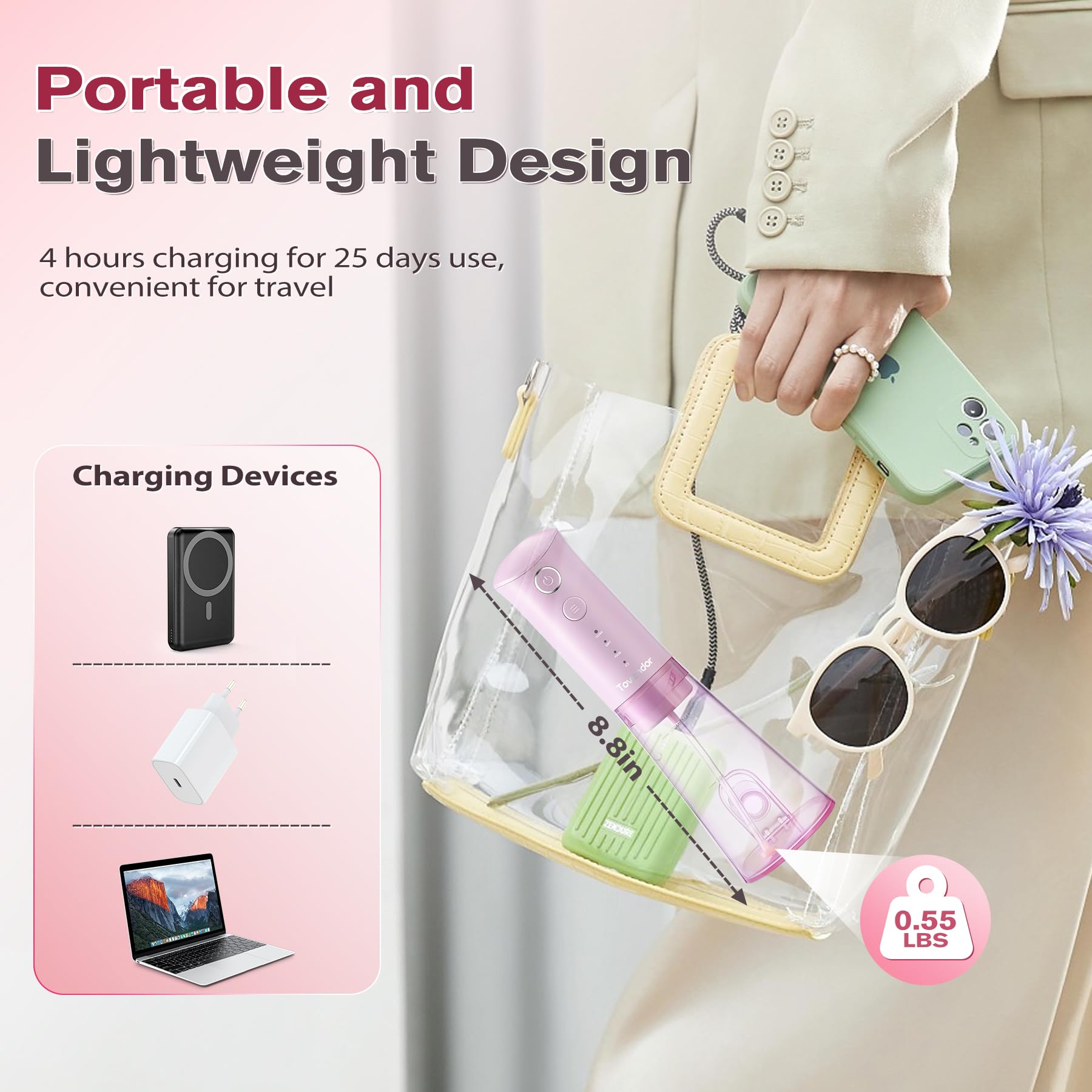 Portable travel-friendly water flosser with pink finish