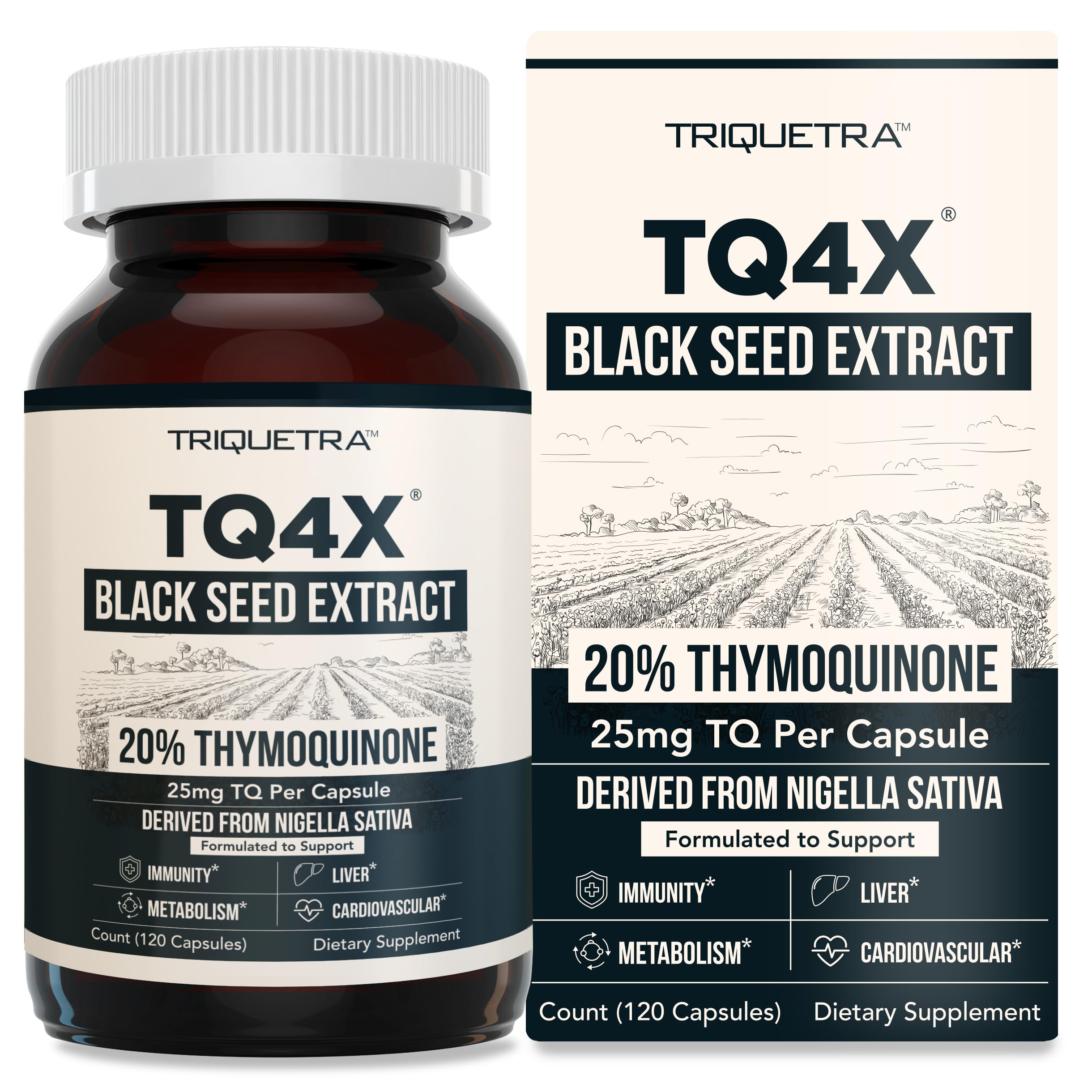 Front view of TQ-Advanced 4X 20% Thymoquinone capsules