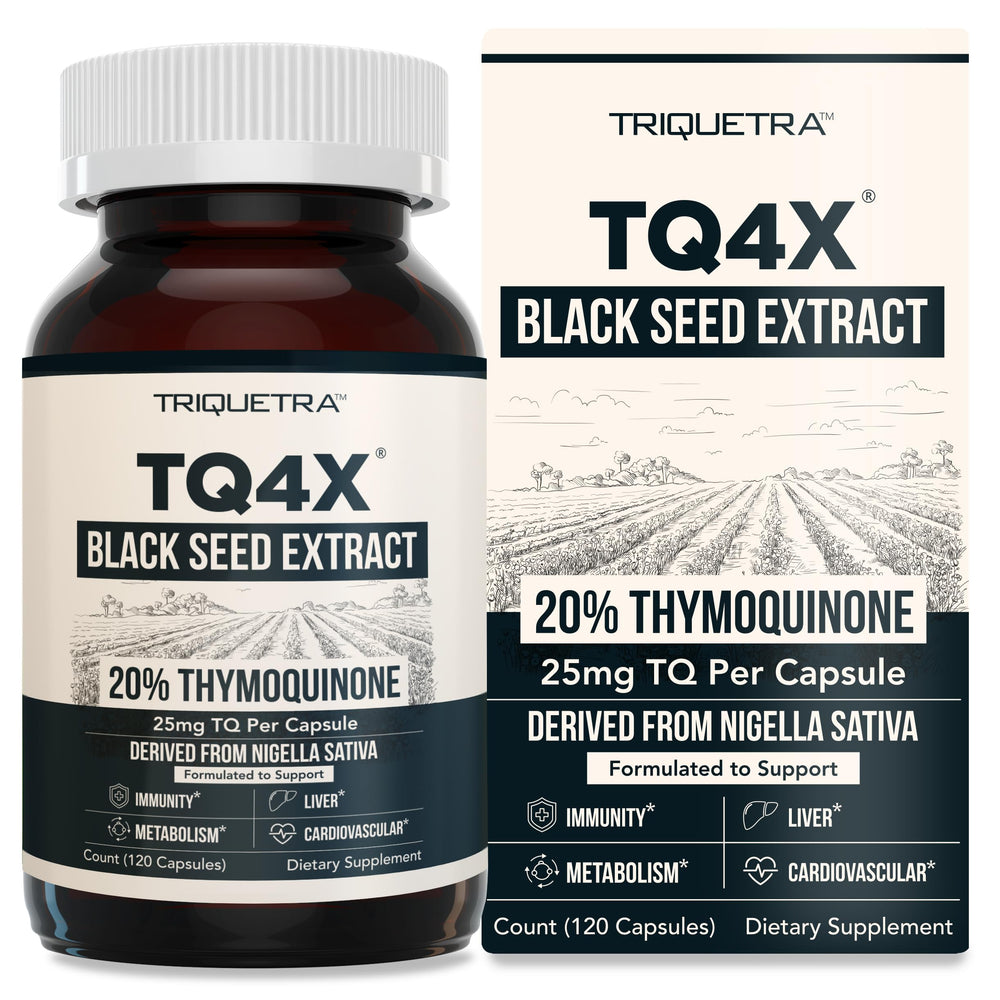 Front view of TQ-Advanced 4X 20% Thymoquinone capsules