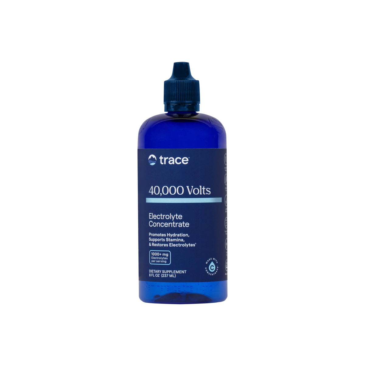 Trace Minerals 40,000 Volts bottle with label highlighting hydration and energy benefits