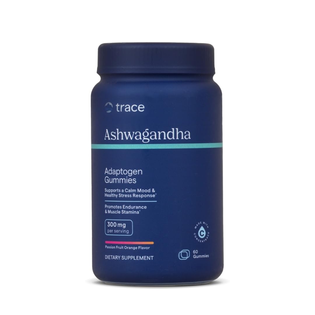 Bottle of Trace Minerals Ashwagandha Gummies on white background