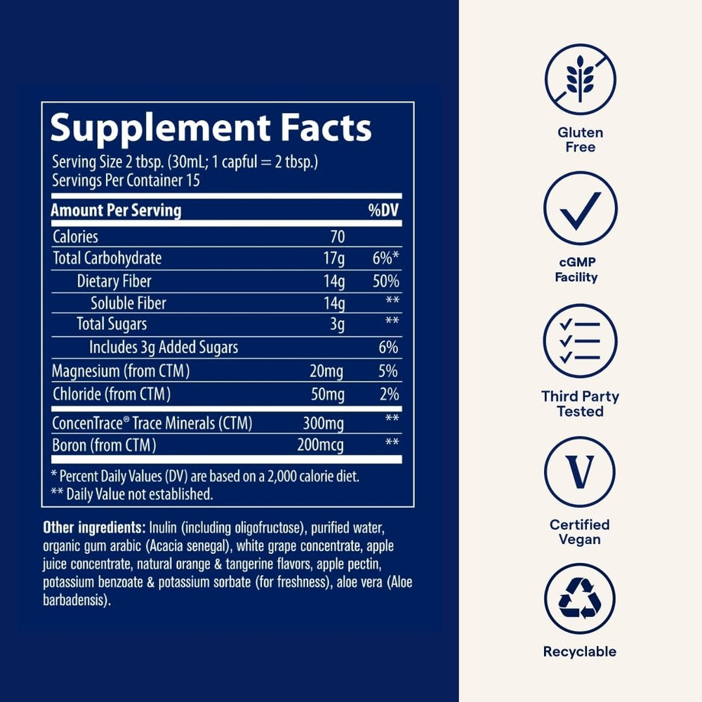 Nutrition facts showing 14 g dietary fiber per serving