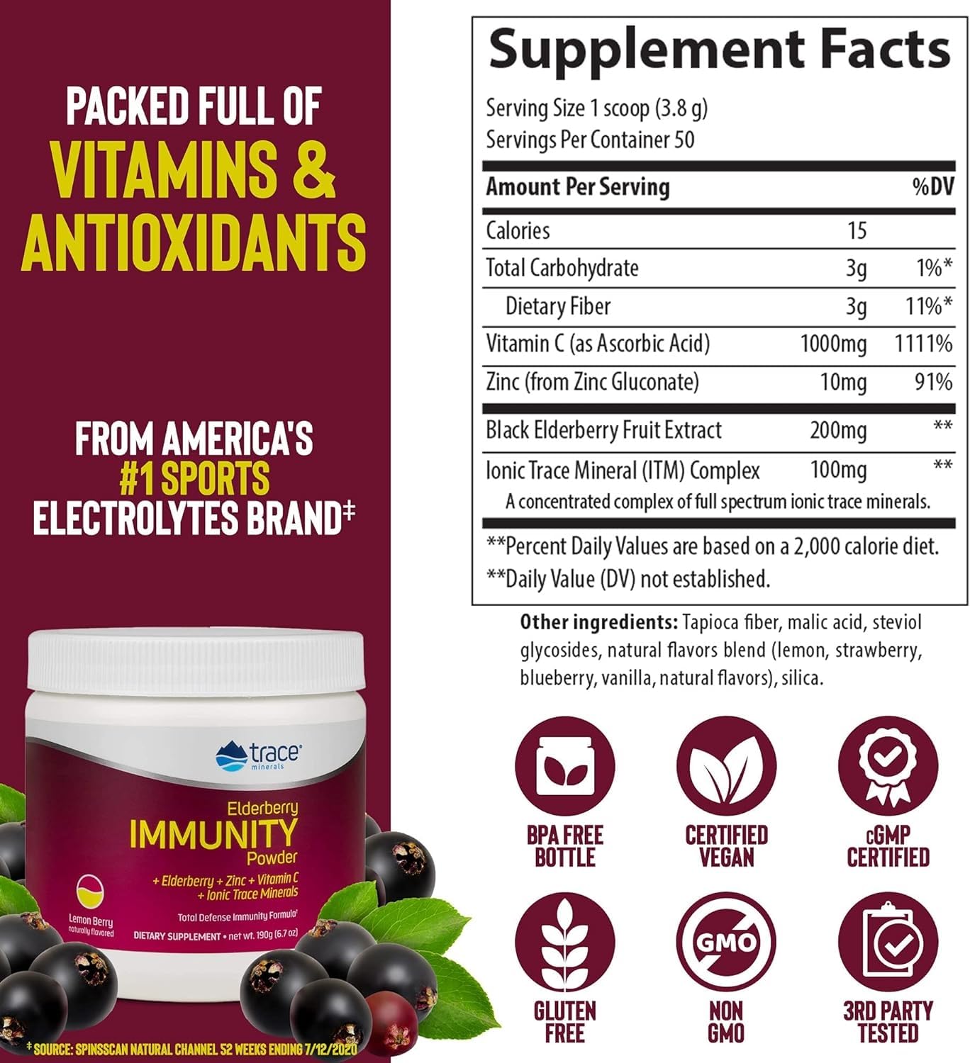 Trace Minerals Immunity Plus Elderberry bottle on white background