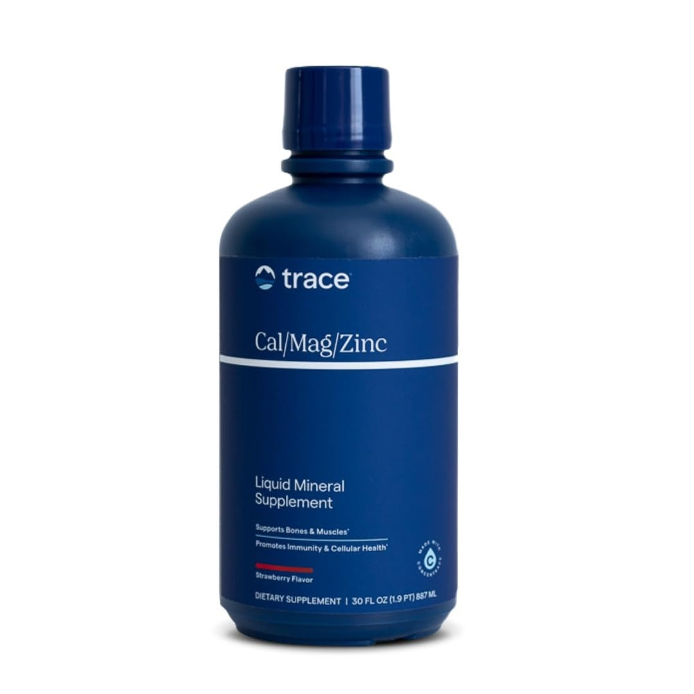 Bottle of Trace Minerals Liquid Cal/Mag/Zinc with Vitamin D3 in natural strawberry flavor