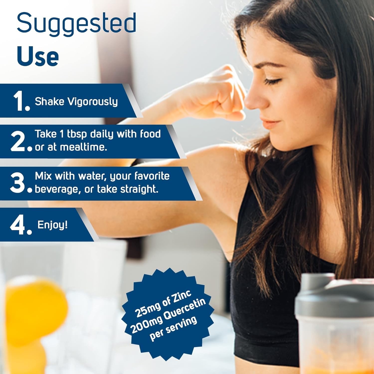 Orange mango flavored liquid supplement bottle with 16 oz size