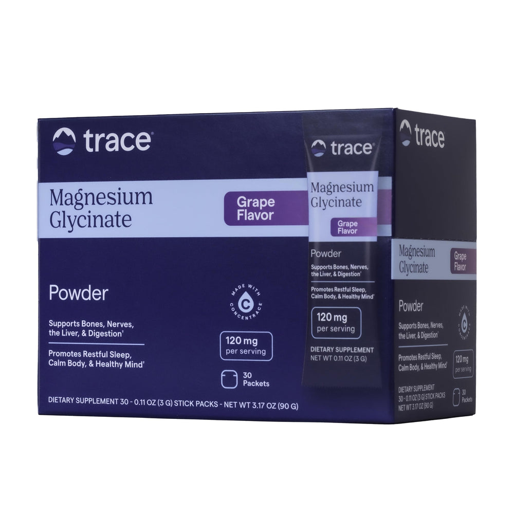 Trace Minerals Magnesium Glycinate bedtime stick packs with grape flavor, 30 servings.