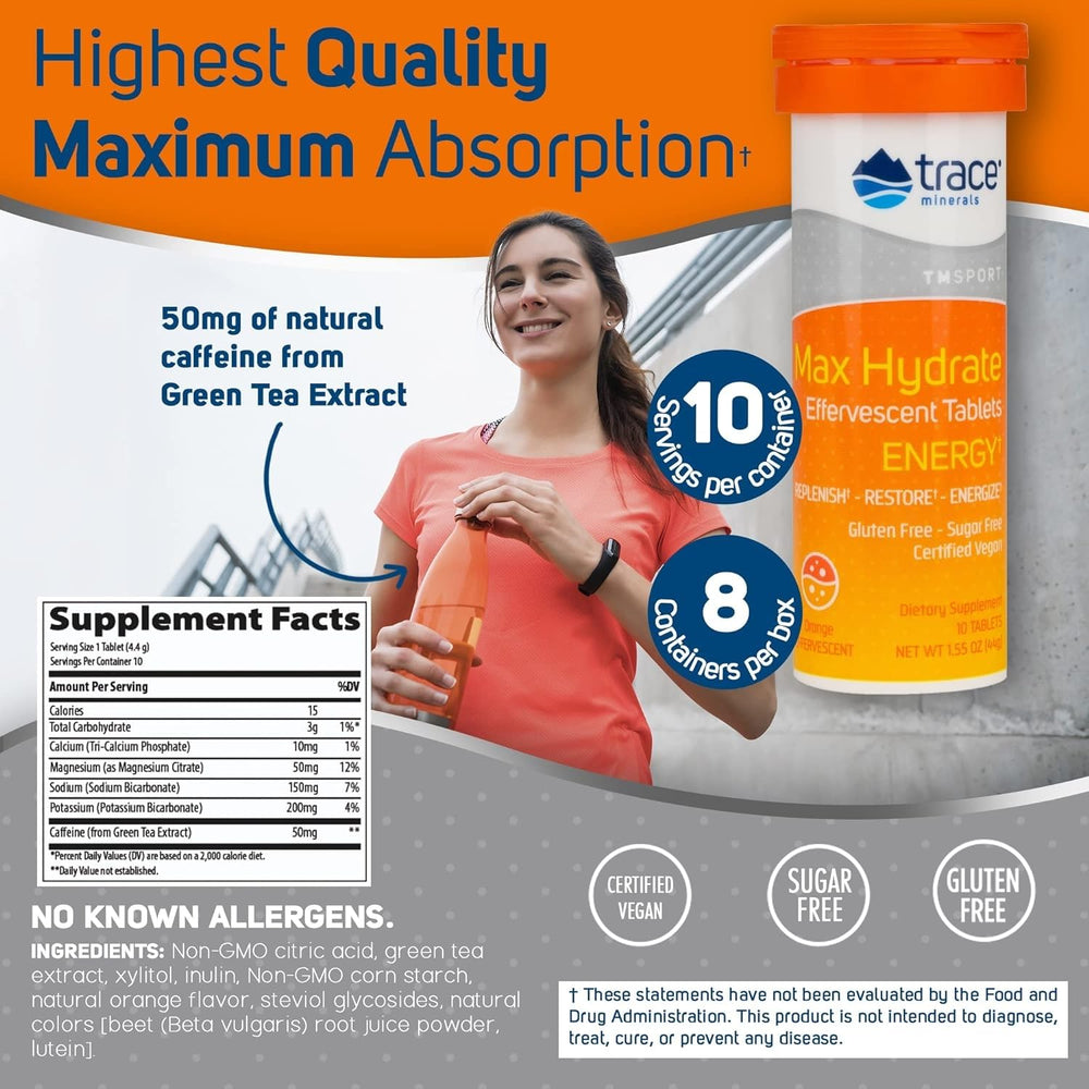 Trace Minerals Max-Hydrate Endurance orange-water in glass for hydration and energy