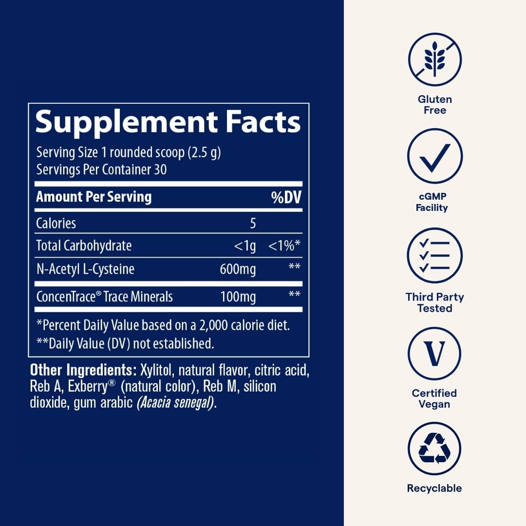 NAC powder ingredients and nutrition panel