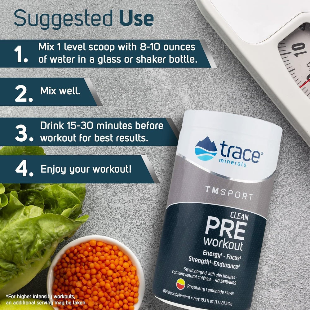 Trace Minerals Pre-Workout muscle recovery visuals suggest post-workout restoration.