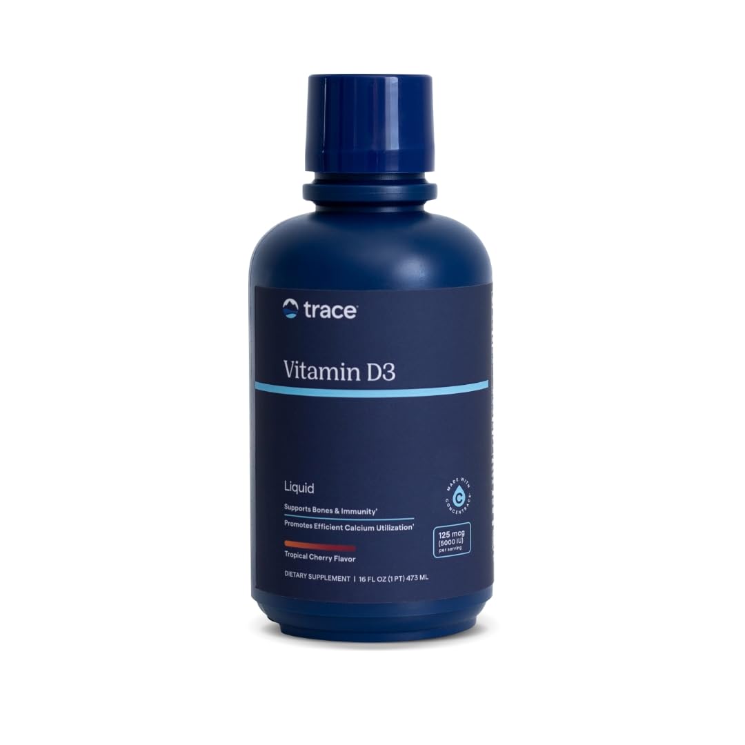 Trace Minerals Vitamin D3 liquid bottle demonstrates convenient daily wellness use