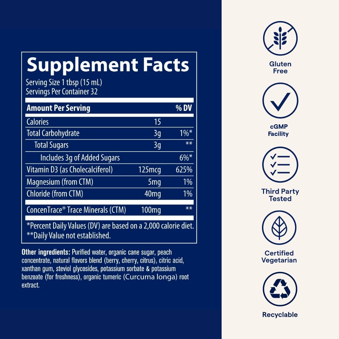 Trace Minerals Vitamin D3 liquid pour showing quick daily dose