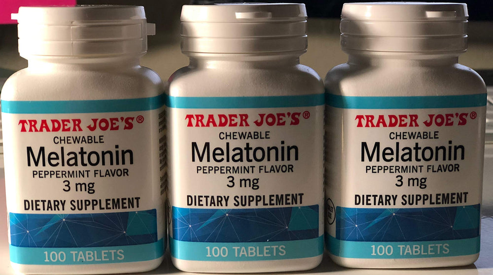 Trader Joe's 3-Pack Chewable Melatonin Peppermint 3mg packaging with 100 tablets