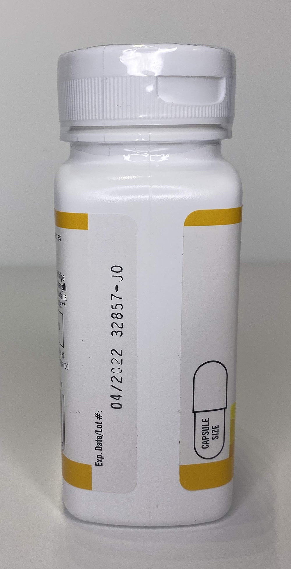 Nutrition panel and ingredients on probiotic bottle