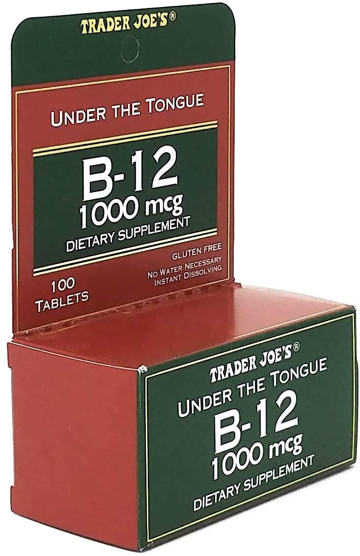 Front view of Trader Joe's B-12 dietary supplement box and bottle