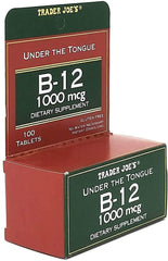 Front view of Trader Joe's B-12 dietary supplement box and bottle