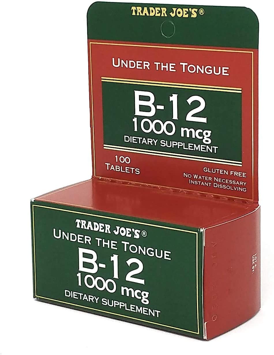 Tablets arranged next to Trader Joe's B-12 bottle showing 100 tablets
