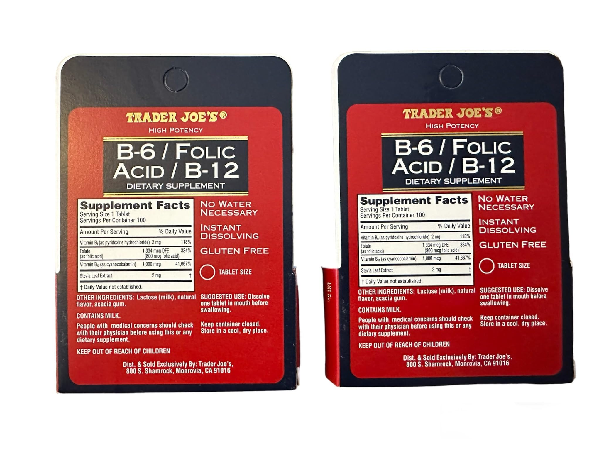 Back label of Trader Joe's B-6/Folic Acid/B-12 bottle showing ingredients and gluten-free claim